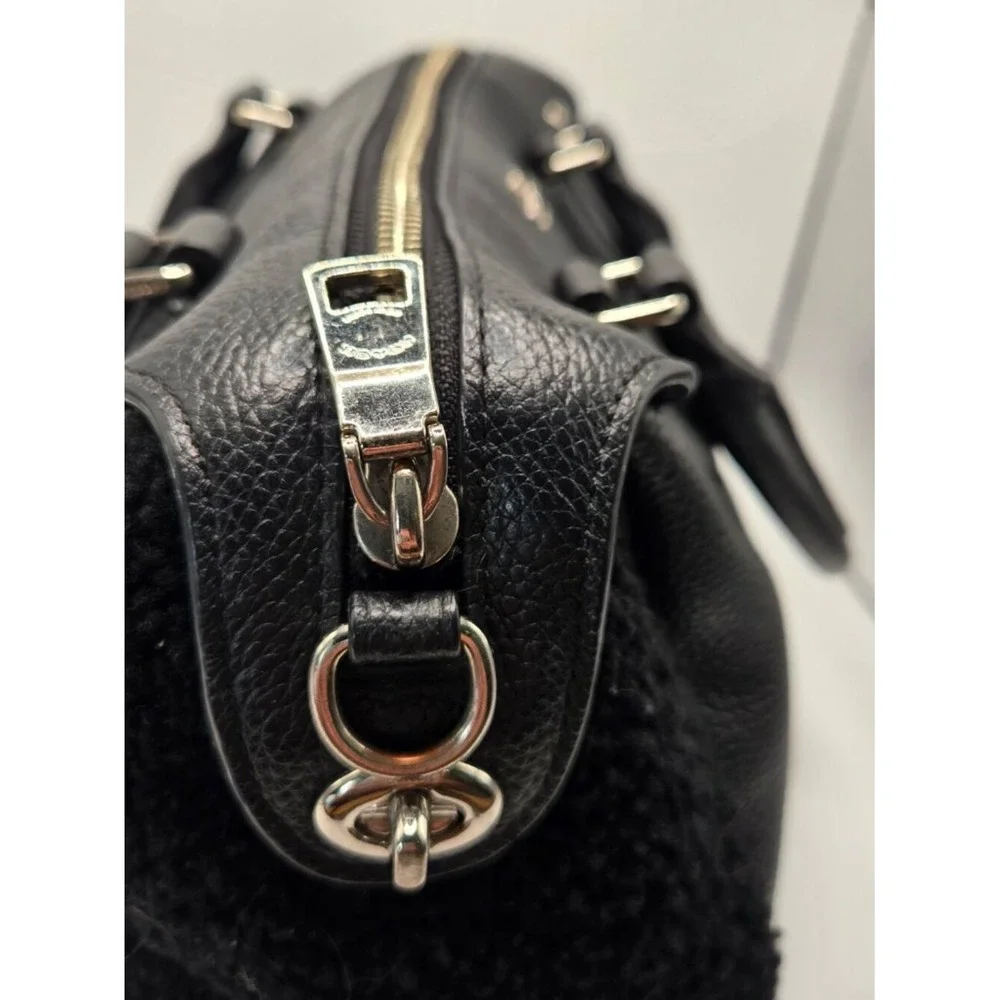 Coach Satchel Womens Medium Black Good Pebbled Leather Shearling Crossbody Bag